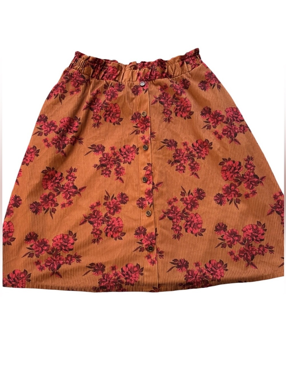 BloomChic 14/16 Brown Floral Corduroy A-Line Skirt Button Front Fall Skirt